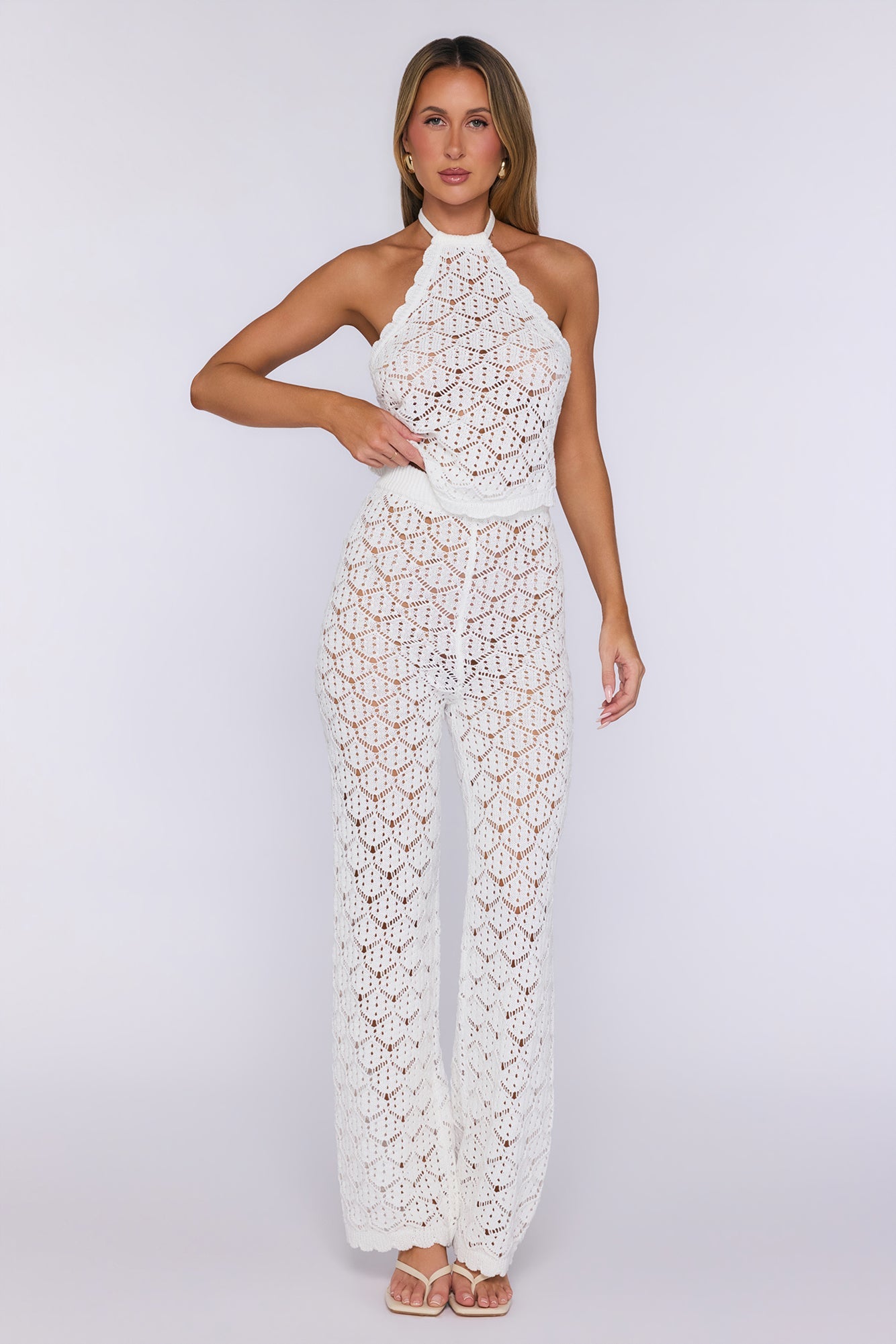 Palm Shade Halter Knit Top White