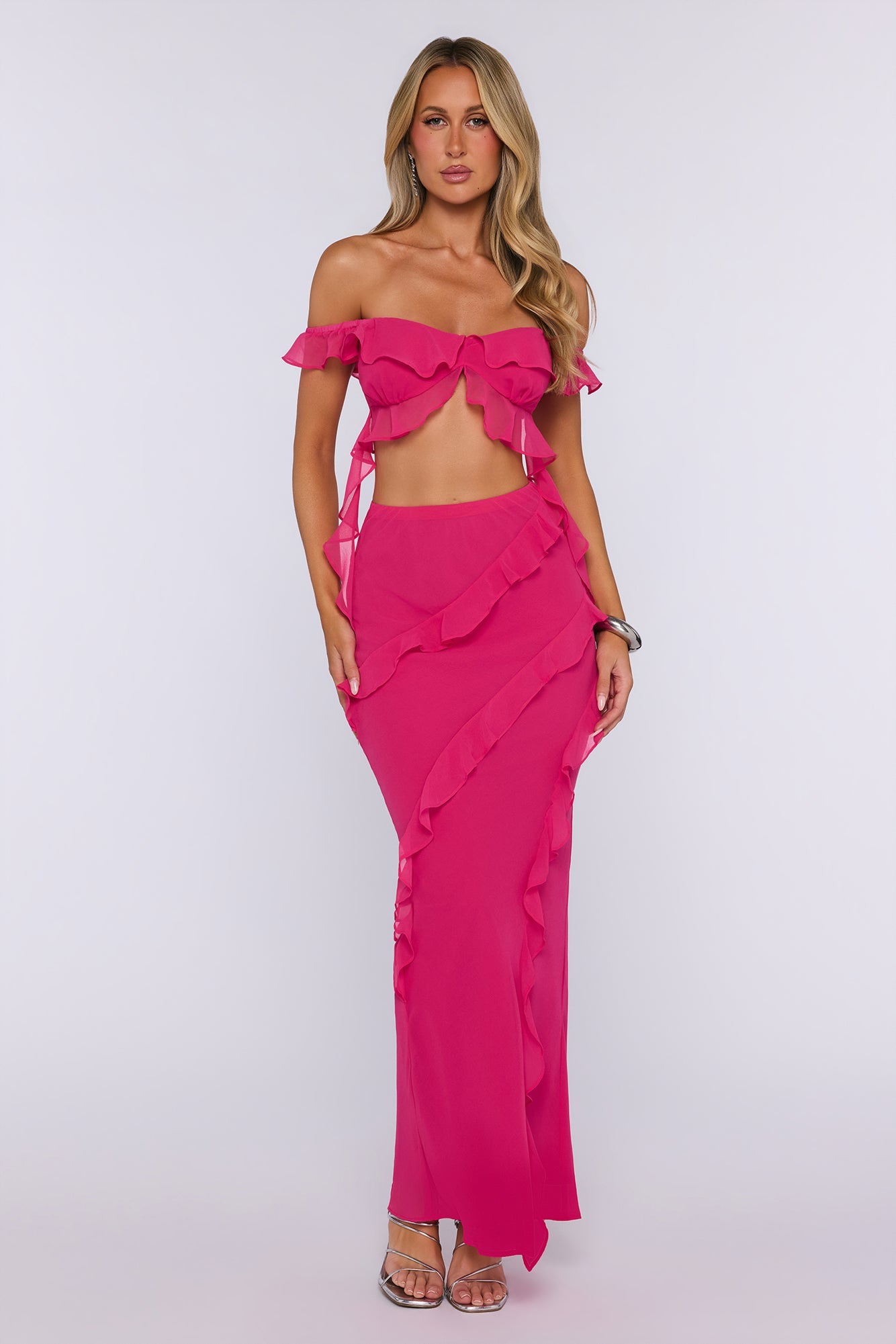 Summer Frills Off Shoulder Crop Top Hot Pink