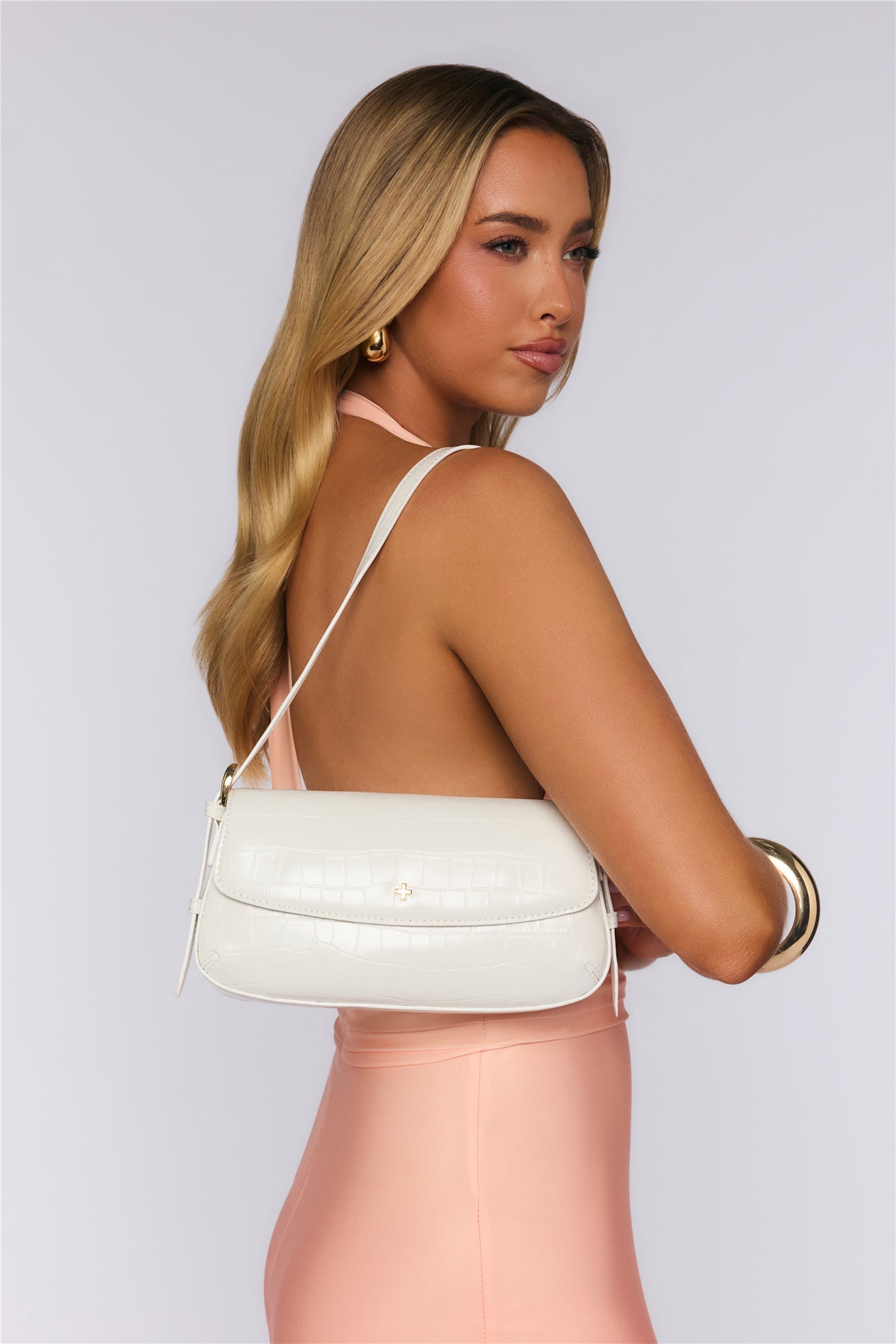 Hailee Flap Shoulder Bag White Croc Gold