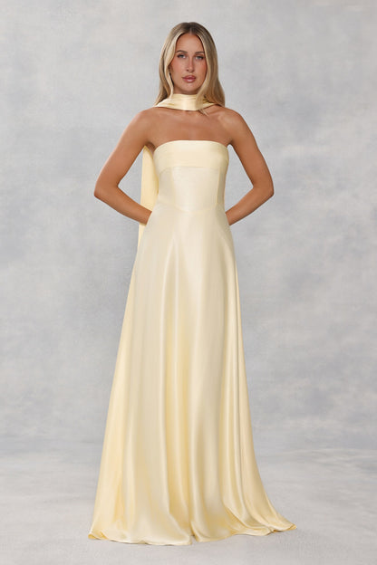 The Serina Strapless Satin Maxi Dress Yellow