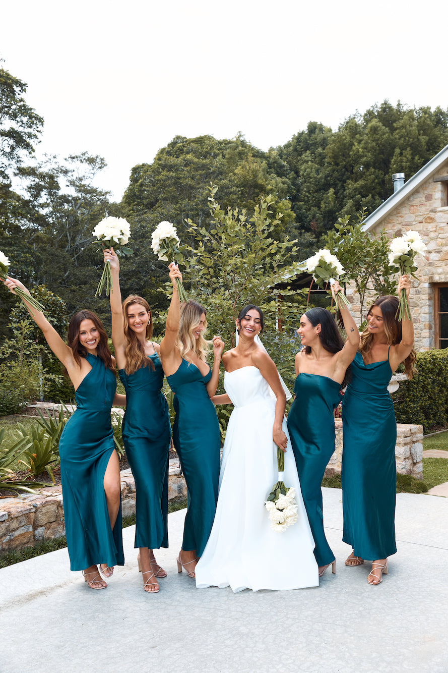 HELLO MOLLY The Adeline Halter Satin Maxi Dress Teal
