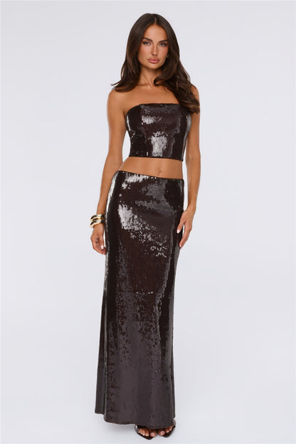 Shine Into Chic Sequin Strapless Corset Top Chocolate