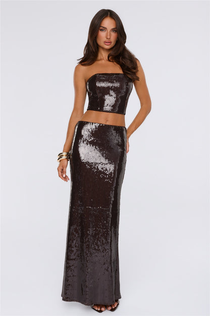 Shine Into Chic Sequin Strapless Corset Top Chocolate