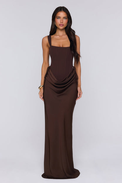 Evening Spark Satin Maxi Skirt Chocolate