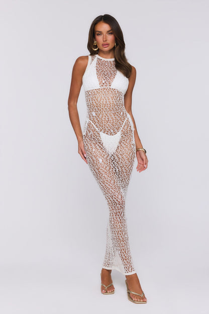Main Event Ready Crochet Pearl Sheer Maxi Dress Cream