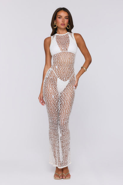 Main Event Ready Crochet Pearl Sheer Maxi Dress Cream