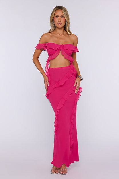 Summer Frills Off Shoulder Crop Top Hot Pink