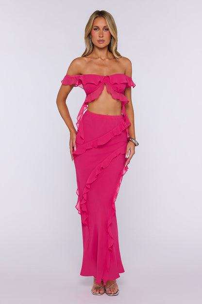 Summer Frills Off Shoulder Crop Top Hot Pink