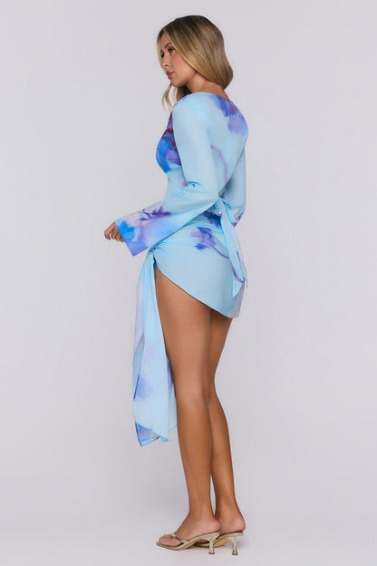 Wave Kiss Sheer Long Sleeve Top Blue
